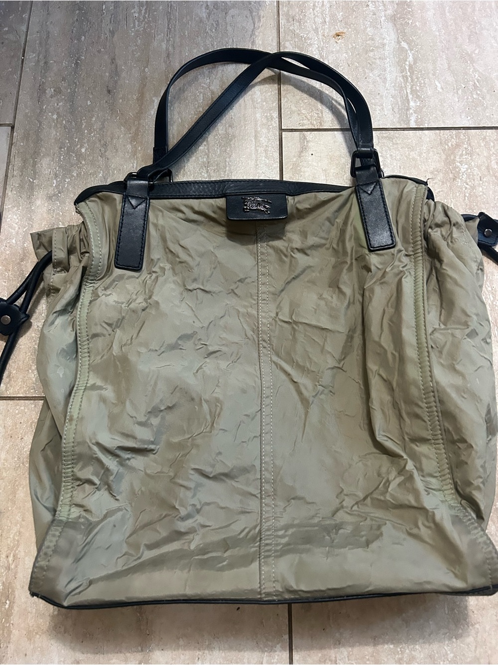 Burberry Tote Bag in Olive Green with Black Trim - Shoulder Tote.